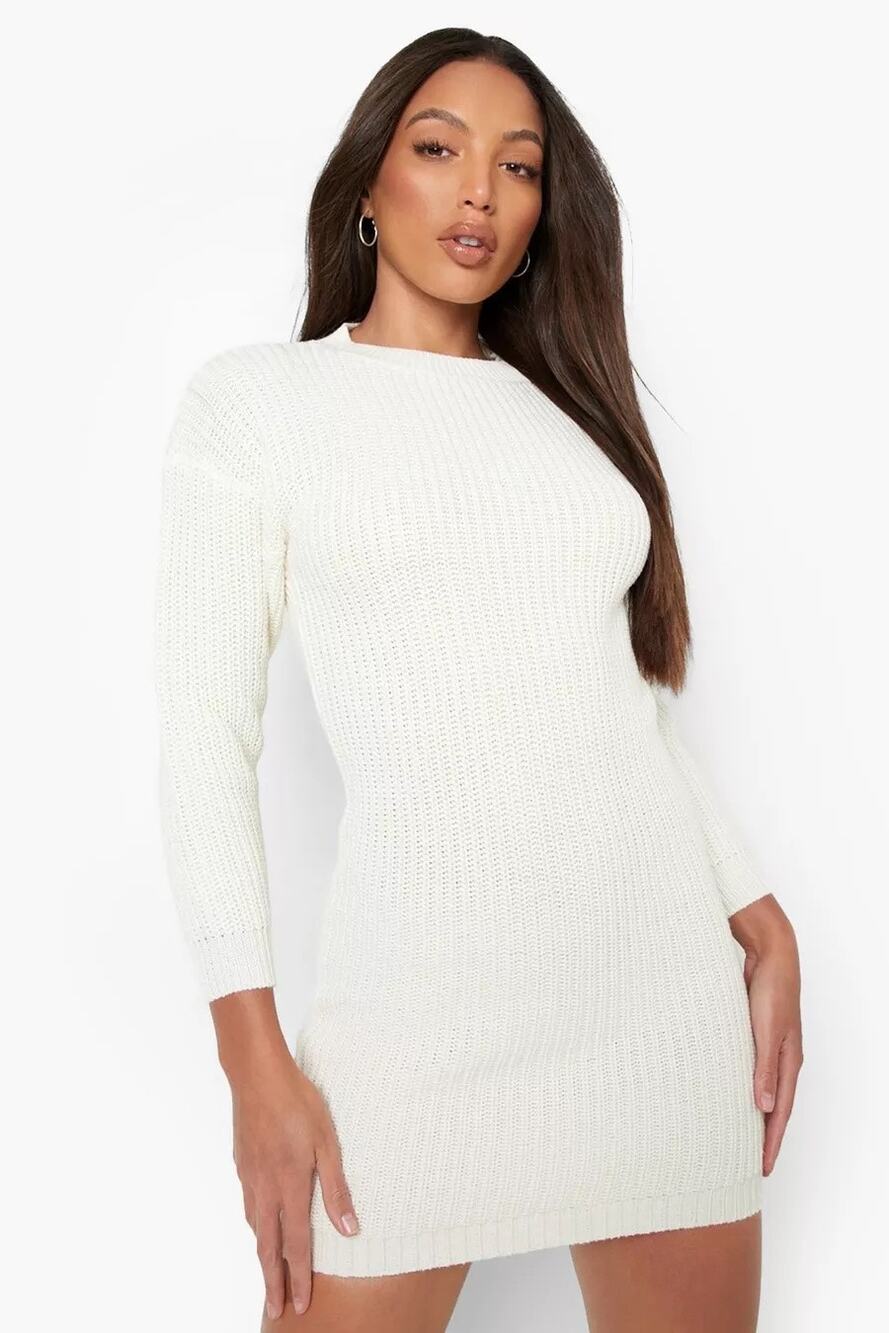 Boohoo White Ribbed Knit Crew Neck Long Sleeve Sweater Mini Bodycon Dress Size S